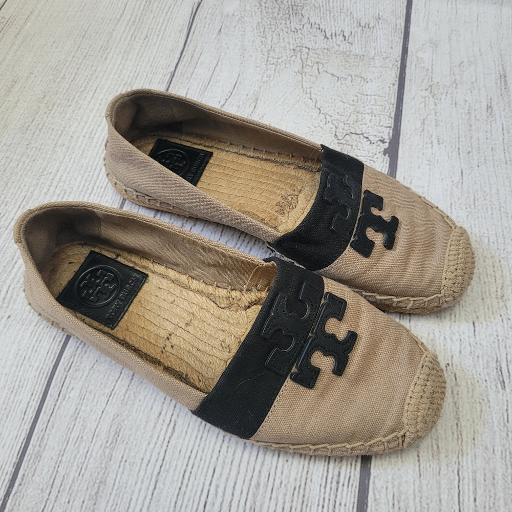 Tory Burch Weston Flat Espadrille Canvas-Leather  Natural-Black 5.5